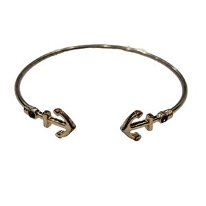 Gold Tone Anchor Open Flex Cuff Bracelet With Blue Rhinestone